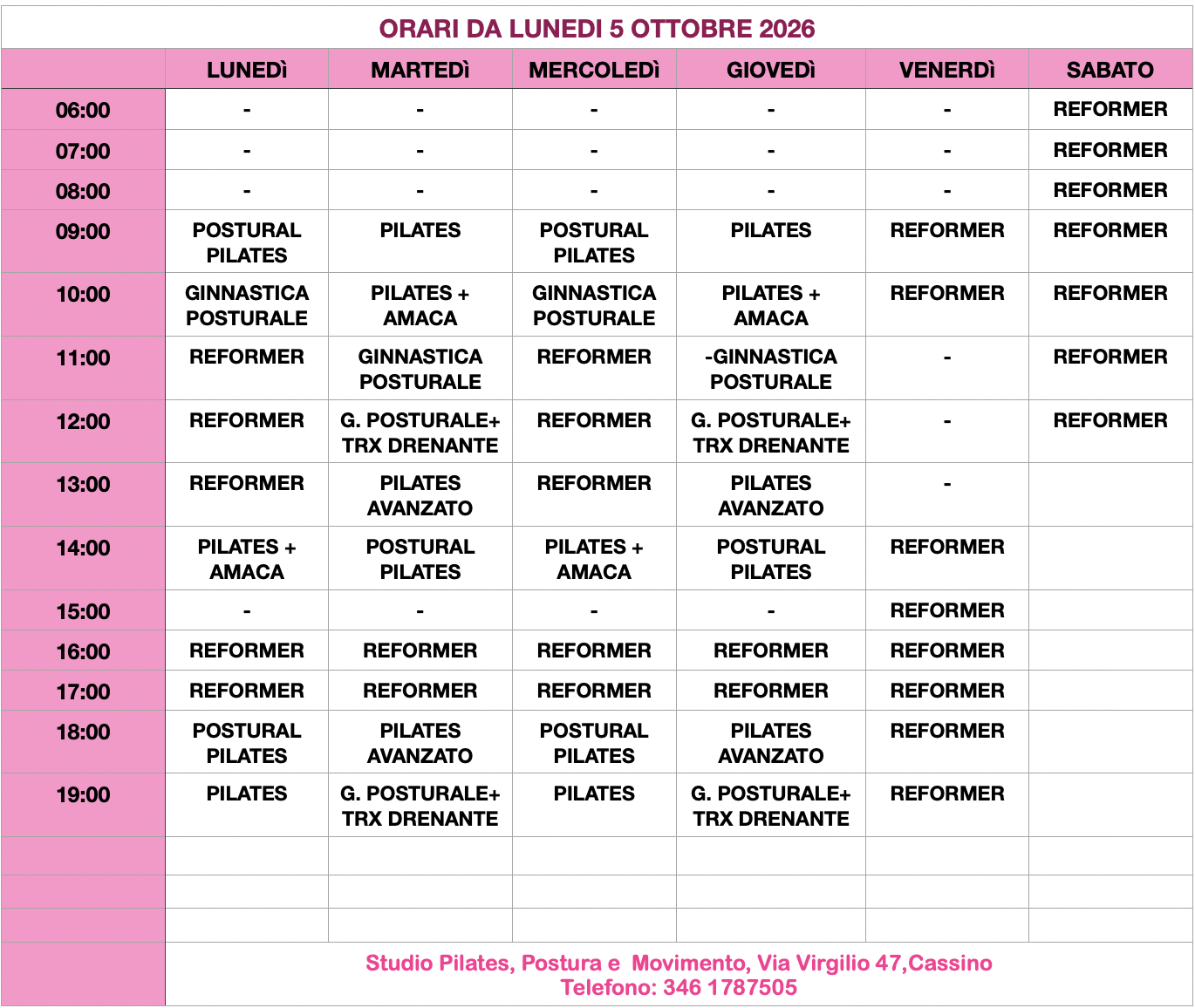 Orari Ottobre 2026 - Pilates Cassino